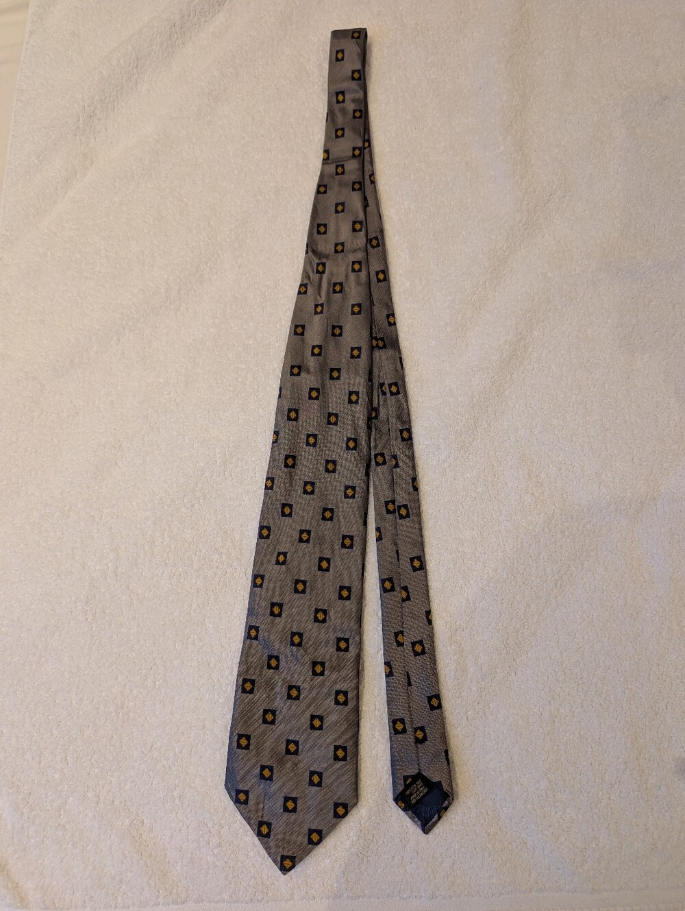 Vintage Country Road Italian Silk Tie Grey Gold Navy Geometric Diamond Print